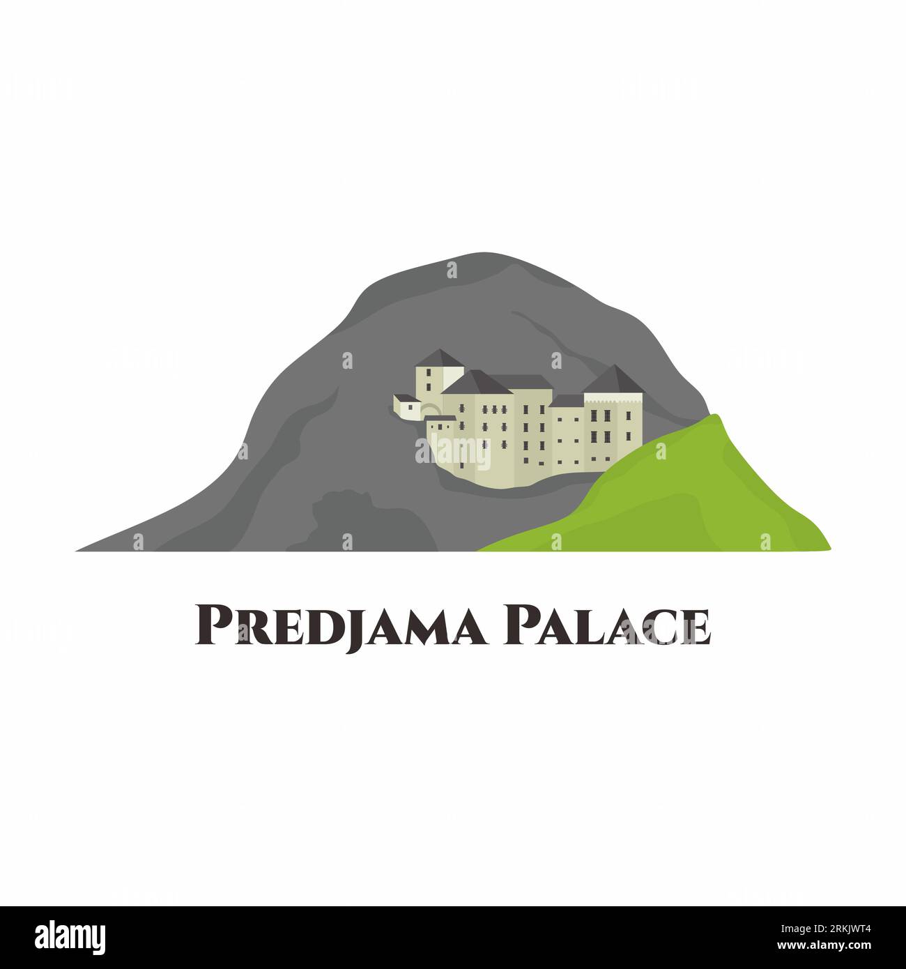 Schloss Predjama. Es handelt sich um eine Renaissance-Burg, die in einer Höhlenmündung im Süden Zentralsloweniens in der historischen Region Inner Carniola errichtet wurde. Ein schönes Hotel Stock Vektor