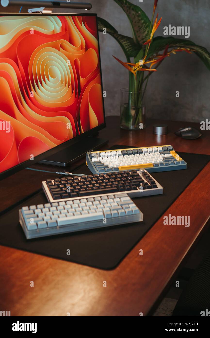 A computer with three different mechanical keyboards and a mouse lying on the desk next to the monitor Stockfoto