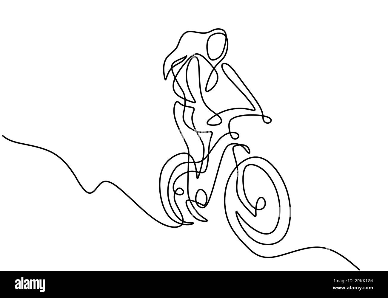 Eine durchgehende Linienzeichnung einer jungen sportlichen Frau, die Fahrrad fährt und einen Trick auf dem Fahrrad macht. Ein Mädchen mit langen Haaren, das in der Fahrradhand steht Stock Vektor