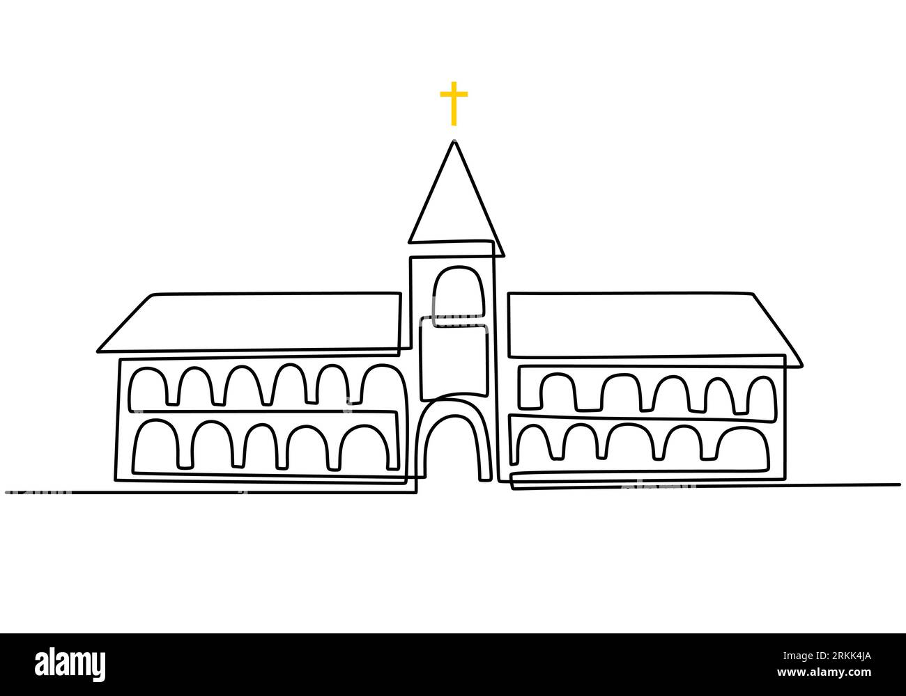 Große Kirche durchgehende einzeilige Zeichnung Vektor minimalistisches Design. Christliches Symbolzeichen isoliert einen weißen Hintergrund. Stock Vektor