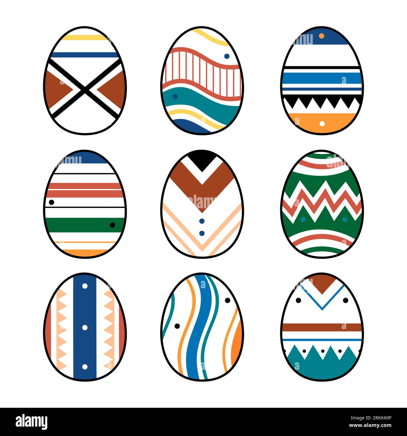 Set or collection of eight Easter eggs drawn in minimalist style. Colorful easter eggs with different textures, patterns and colors. Spring holiday. V Stock Vektor