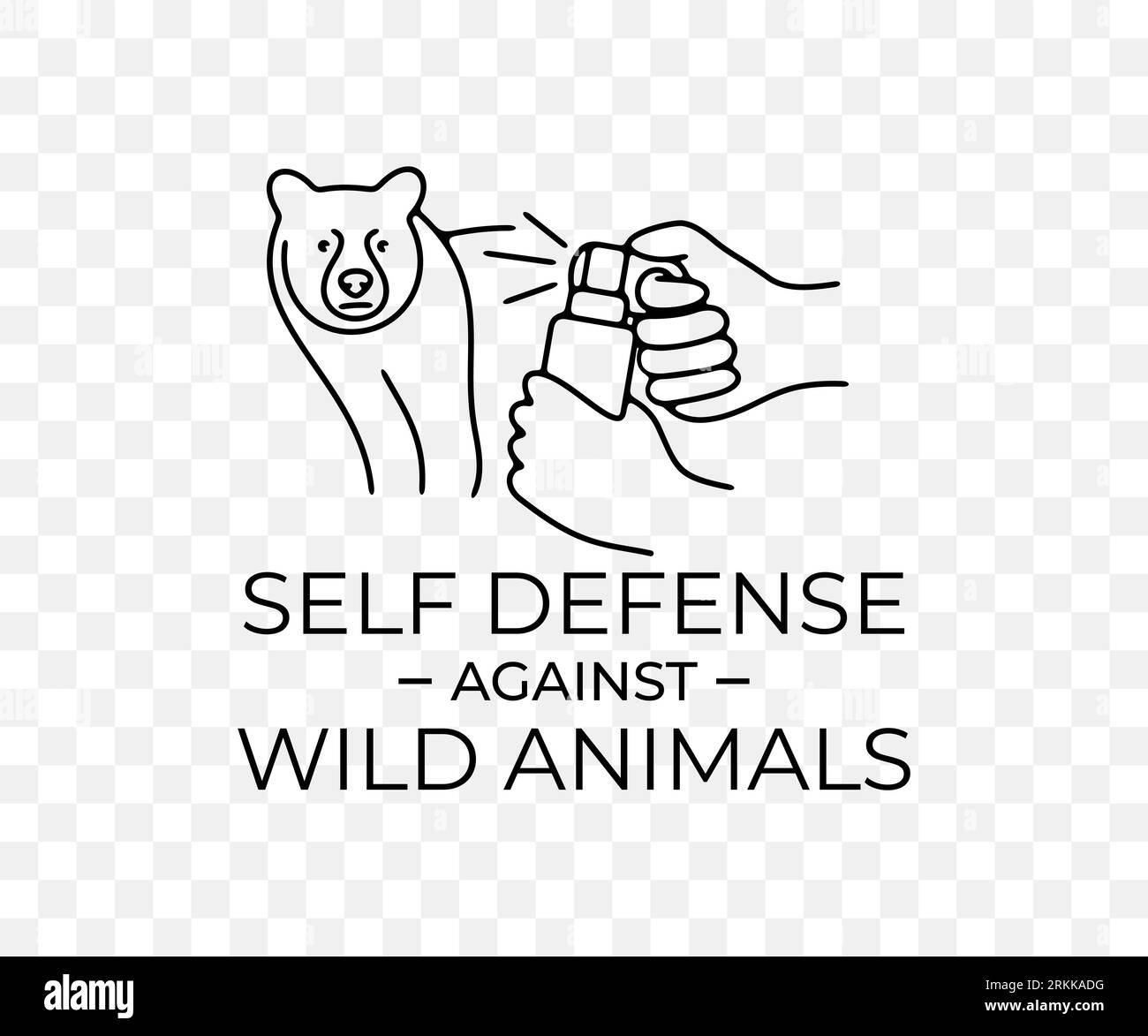 Selbstverteidigung gegen Wildtiere, Bären- und Bärenspray, lineares Grafikdesign. Grizzly, Bärenangriff, Wald, Natur, Wandern und Camping, Vektordesign Stock Vektor