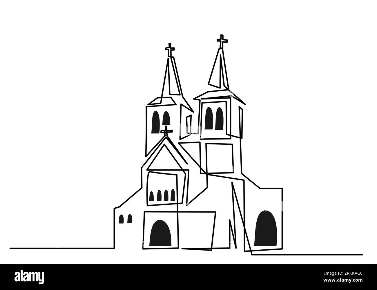 Große Kirche durchgehende einzeilige Zeichnung Vektor minimalistisches Design. Christliches Symbolzeichen isoliert einen weißen Hintergrund. Stock Vektor