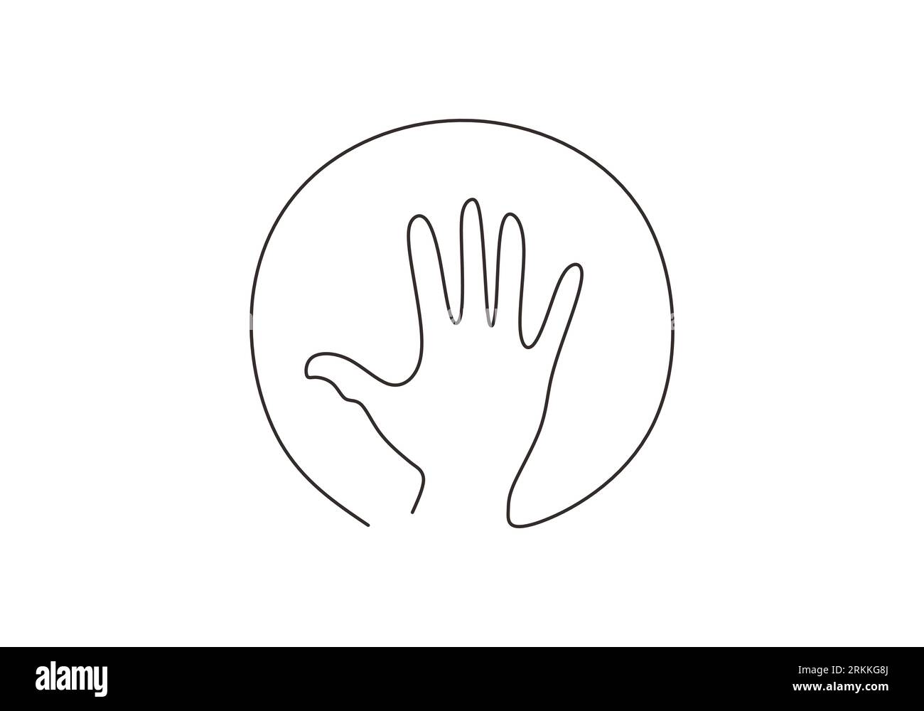 One continuous line drawing of human hand in circle symbol. Protecting and caring human concept isolated on white background. Human hand palm minimali Stock Vektor