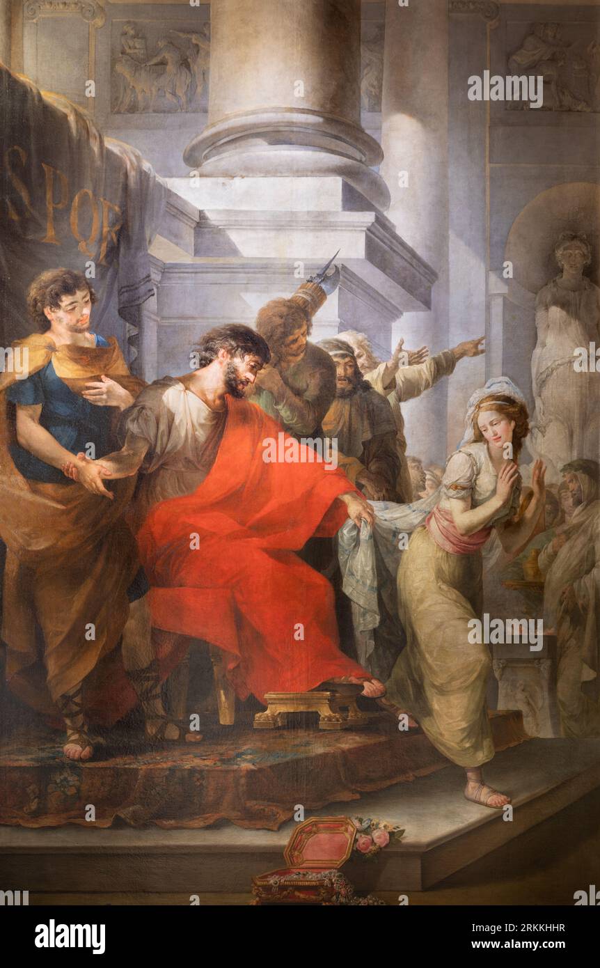 GENUA, ITALIEN - 8. MÄRZ 2023: Die Heilige Agnes weigert sich, die fürstliche Hochzeit in Chiesa di Nostra Signora del Carmine e Sant'Agnese von Giovanni David zu feiern Stockfoto