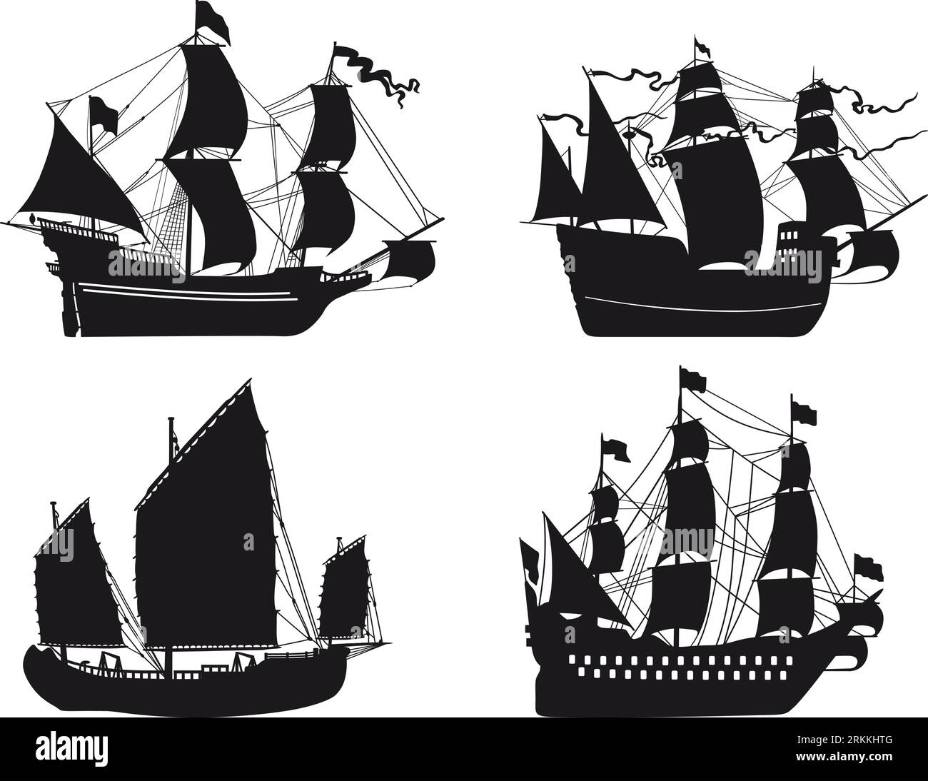 Detaillierte Vektorillustration von Holzschiffen in einem flachen Stil auf einem weißen Hintergrund. Frigate, Junk, Segelboot. Stock Vektor