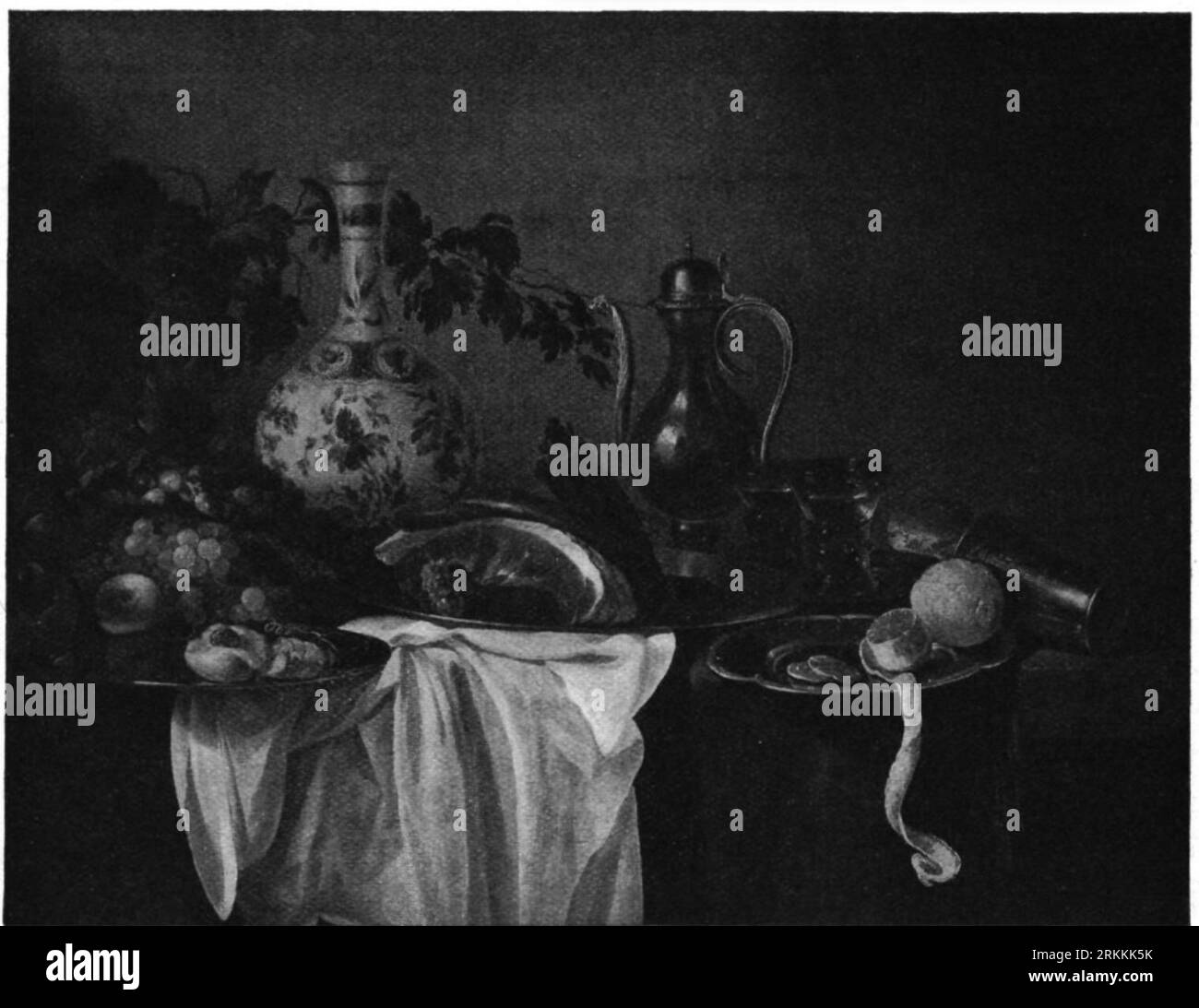 Stillleben mit Porzellankolben, Karaffe, Schinken und Obst um 1650 von Cornelis Kruys Stockfoto