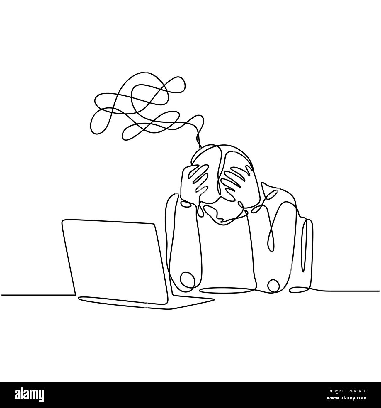 Eine Linie, die frustrierte Person mit ununterbrochenem handgezeichneten Stil zeichnet. Minimalistisches Kopfschmerzproblem Menschen vor einem Laptop. Stock Vektor