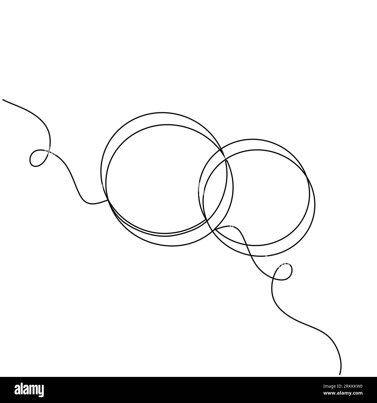 Durchgehende Linienzeichnung. Eheringe. Vorlage für Liebeskarten und Einladungen. Schwarz isoliert auf weißem Hintergrund. Handgezeichnete Vektorillustration. Stock Vektor
