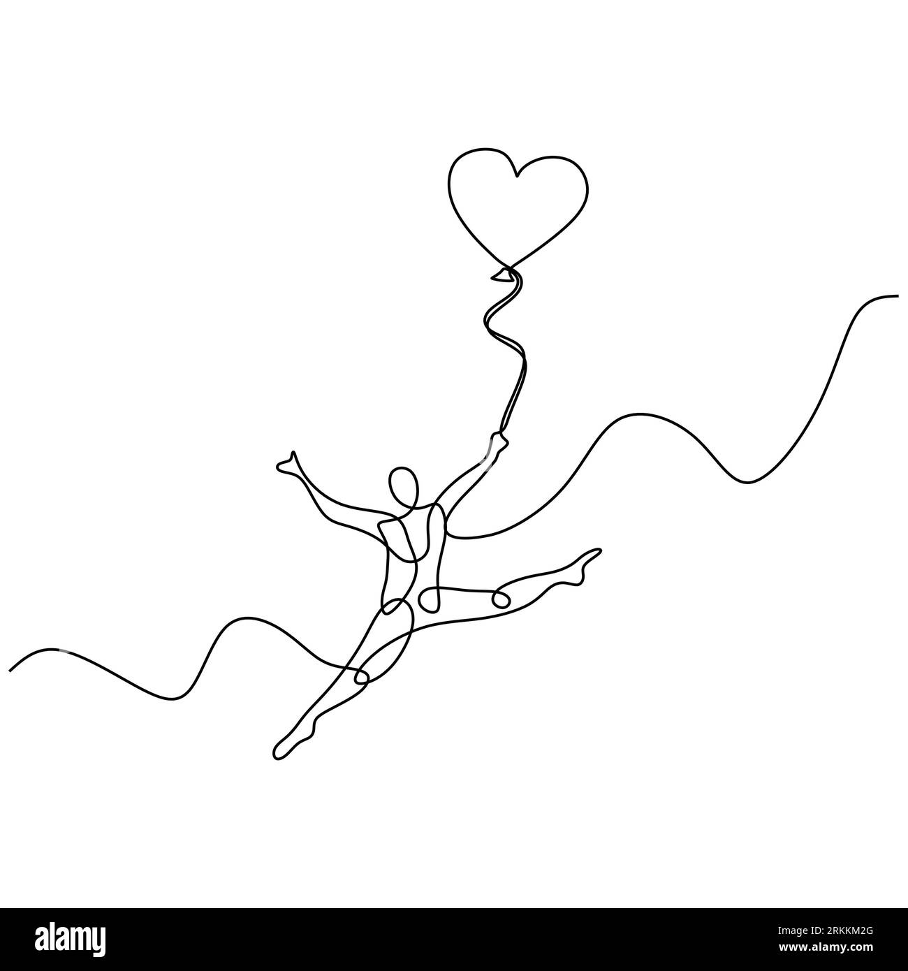 Eine durchgehende Linie des glücklichen Mannes, der Ballons spielt. Mann, der in der Luft mit Ballonen auf weißem Hintergrund geflogen ist. Stock Vektor