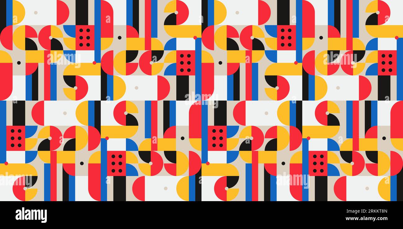 Abstraktes geometrisches Wandgemälde mit buntem nahtlosem Muster im Bauhaus-Stil. Musterdesign Stock Vektor