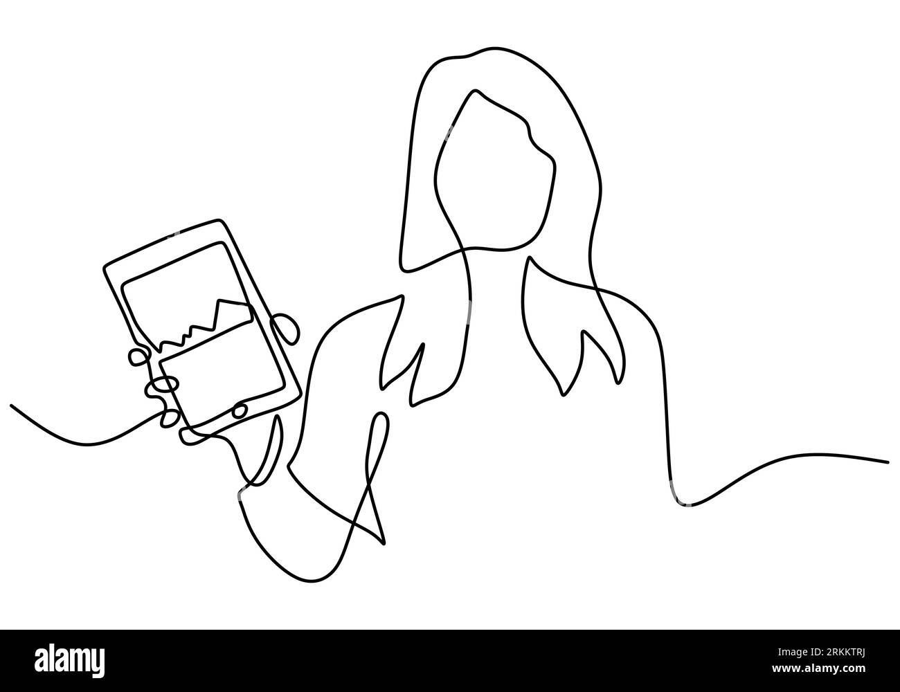 Durchgehende einzeilige Zeichnung eines jungen Mädchens, das einen Touchpad-pc hält und die Börse zeigt. Wachstumsfinanzgrafik isoliert auf weißem Hintergrund. Jung W Stock Vektor