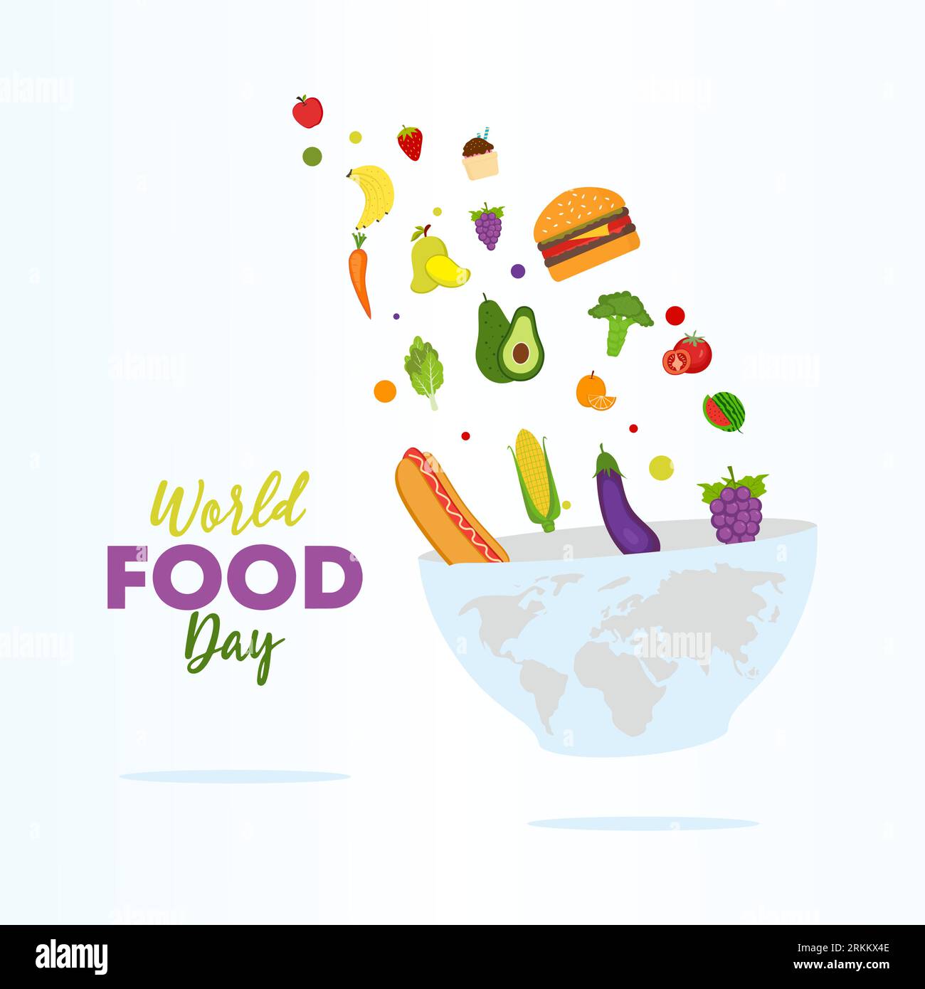 World food day illustration vector, decoration of meal, vegetables and fruits. Creative concept for healthy foods celebration banner. Stock Vektor