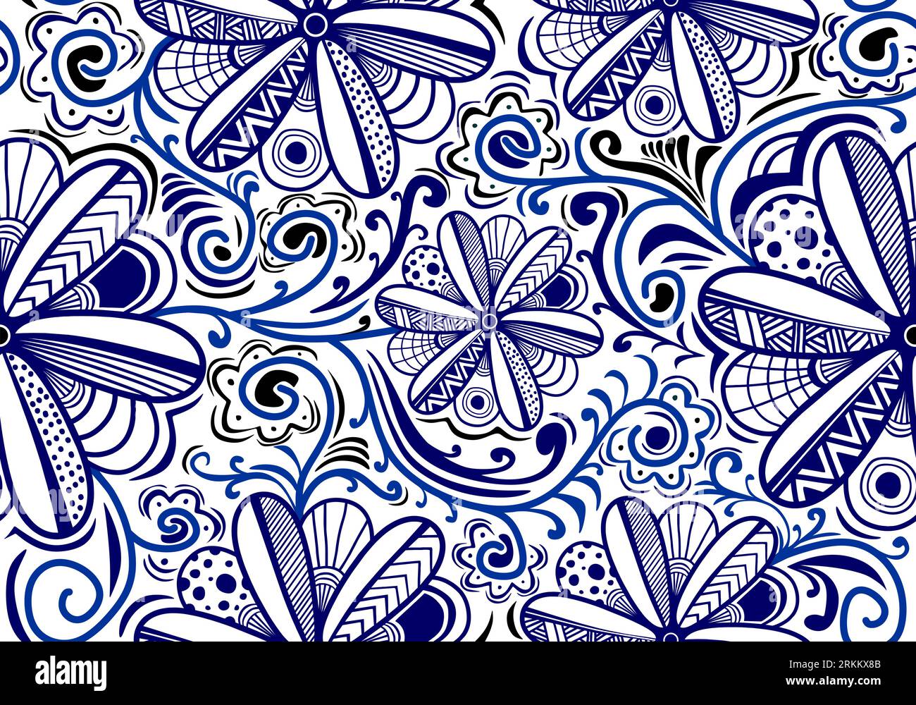 Blaues Blumenmuster im Doodle-Stil Stock Vektor