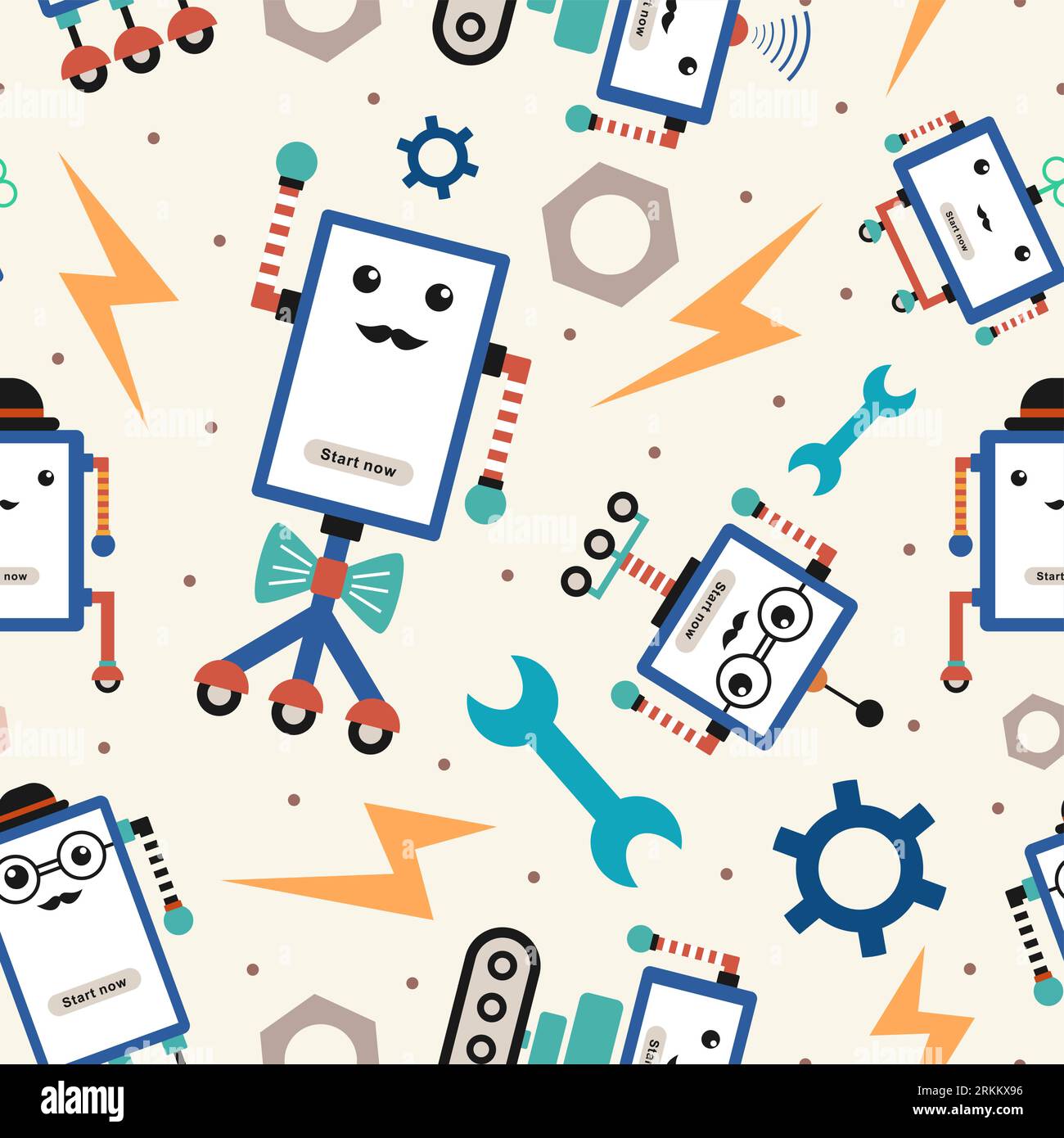 Handgezeichnete Roboter-Hipster-Spielzeuge mit nahtlosem Muster Stock Vektor