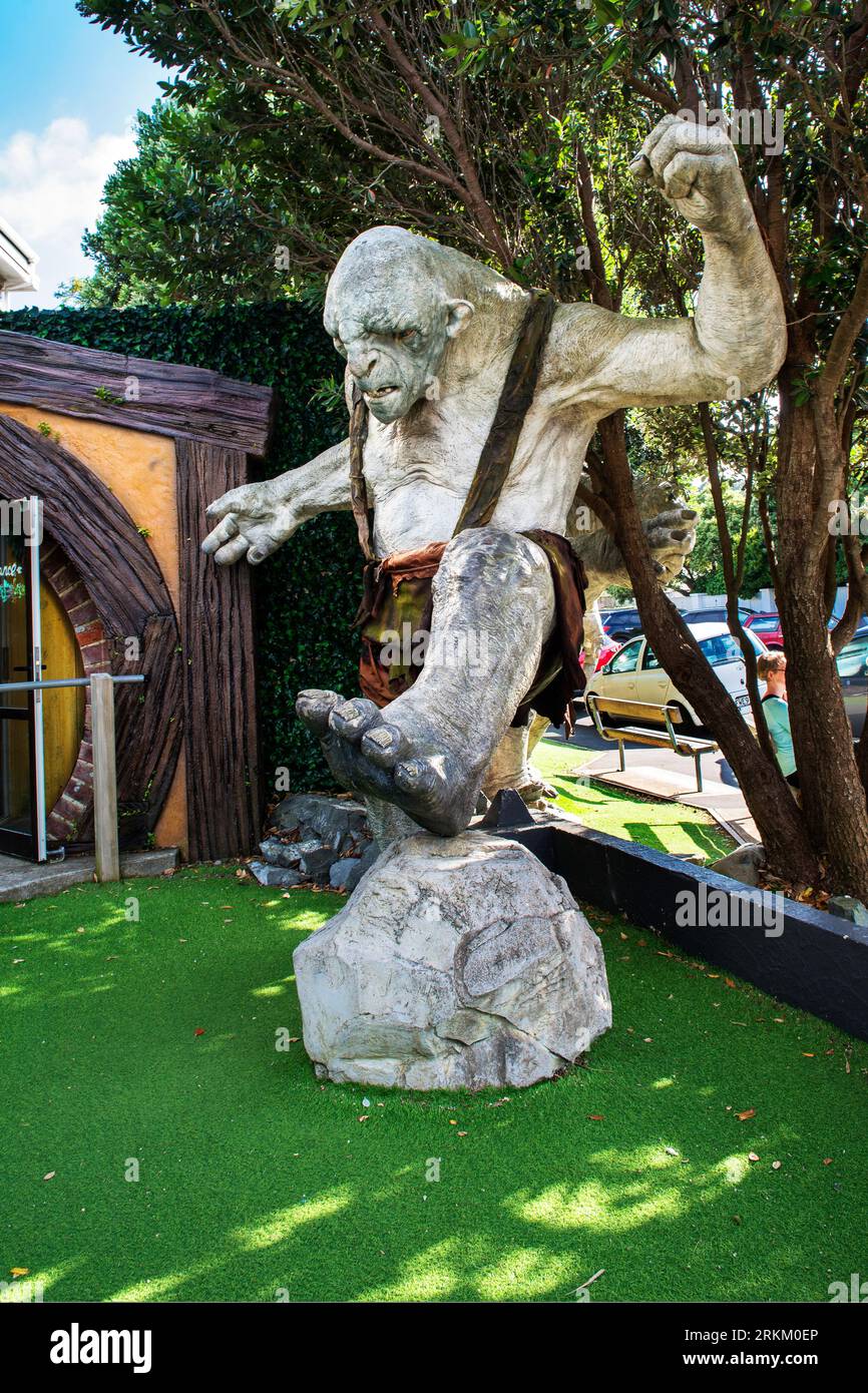 Troll in der Nähe des Eingangs zur Weta Cave, Lord of the Rings Exhibitions, Weta Workshop, Miramar, Wellington, North Island, Neuseeland Stockfoto