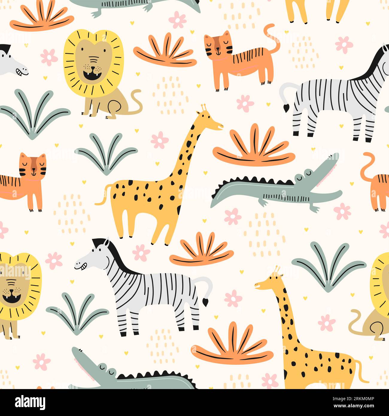 hand drawn lion, zebra, crocodile, cat and giraffe seamless pattern Stock Vektor