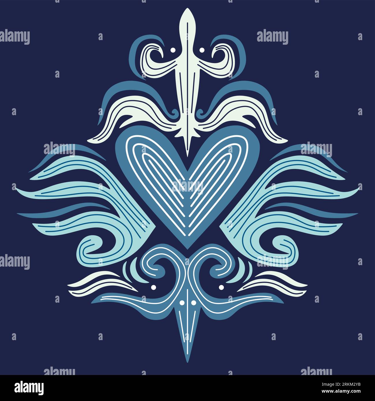 Abstraktes, herzförmiges Stammesornament. Ethnisches Mandala. Stilisiertes herzförmiges Symbol. Herzform aus geometrischen Elementen. Ethnisches Stammesmotiv. Blaue Farbe Stock Vektor