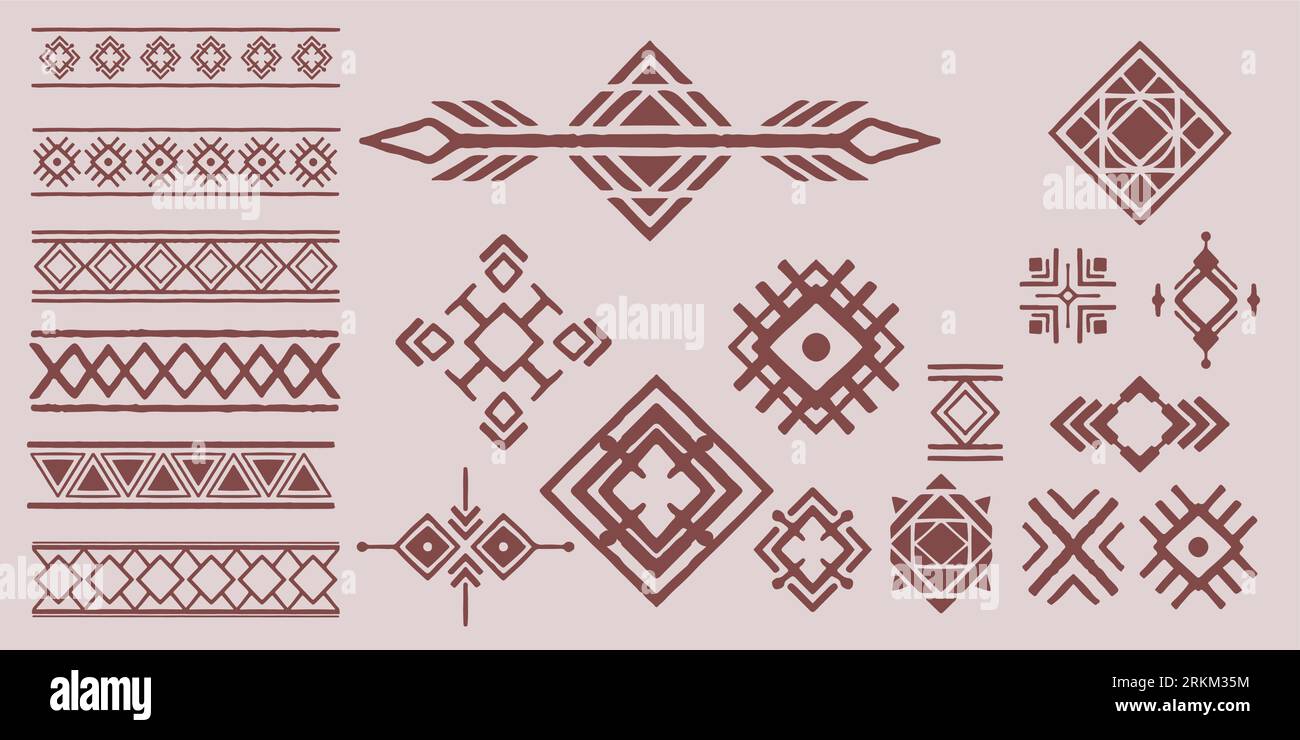 Set von dekorativen Elementen aus Stämmen, isoliert auf weißem Hintergrund. Geometrische Tribal Hand gezeichnet. Ethnische Sammlung. Künstlerische Sammlung des Vektordesigns e Stock Vektor