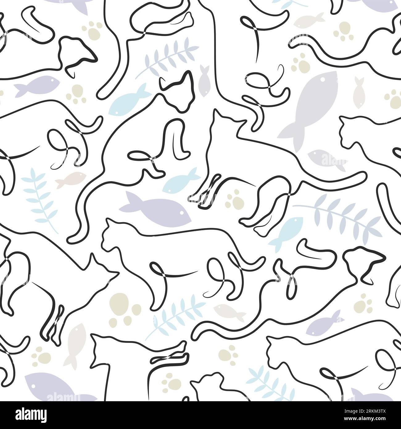 Continuous one single line of abstract cute cat with floral seamless pattern isolated on white background minimalism design. Stock Vektor