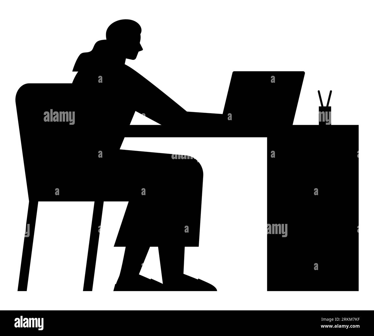 Schwarze Silhouette einer Frau mit Laptop, motivierte weibliche professionelle Eroberung virtueller Herausforderungen, Entschlossenheit und Erfolgsvektor Illustration Stock Vektor