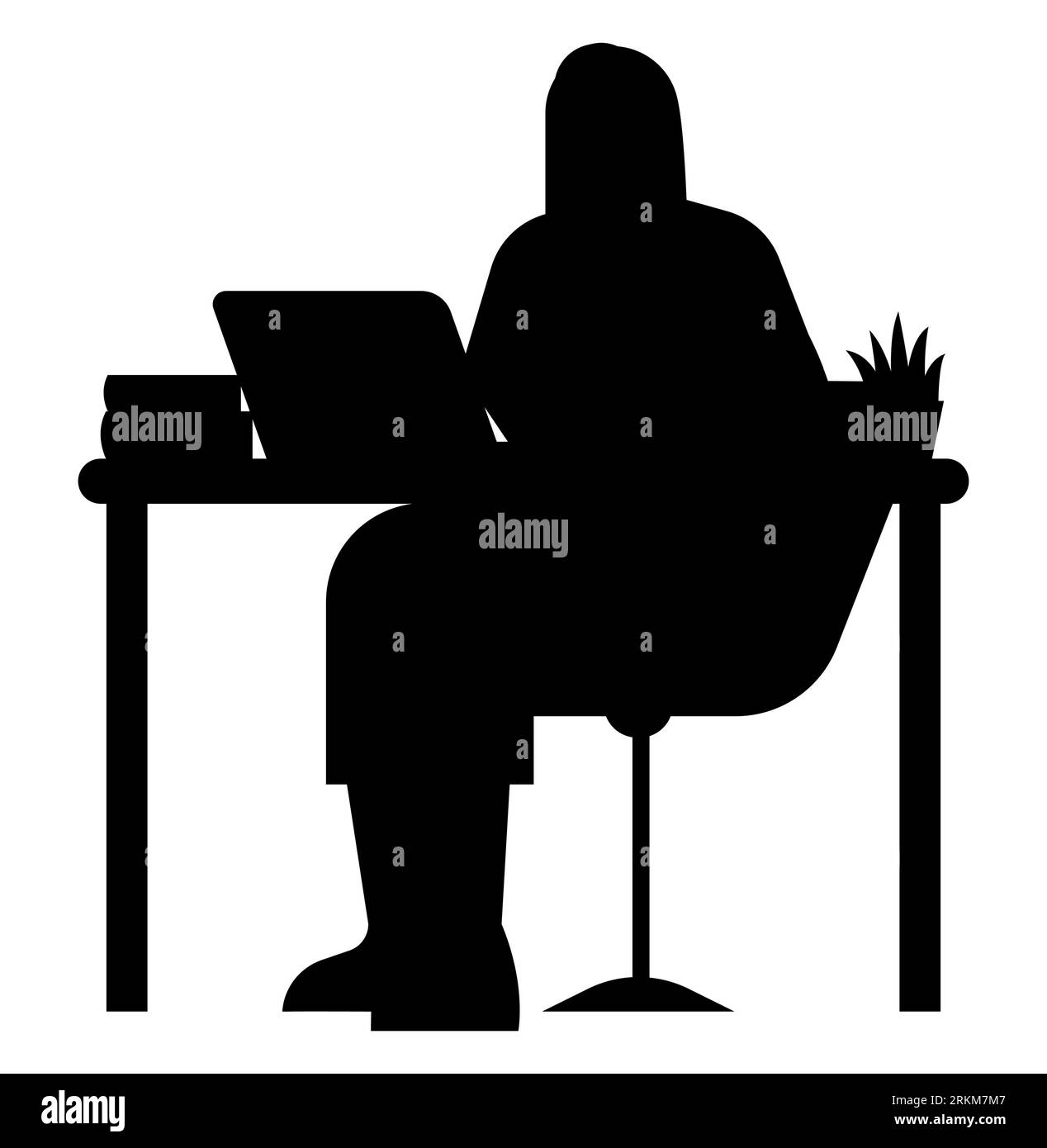 Schwarze Silhouette einer Frau, die auf einem Laptop arbeitet, Vektor isoliert auf weißem Hintergrund Stock Vektor