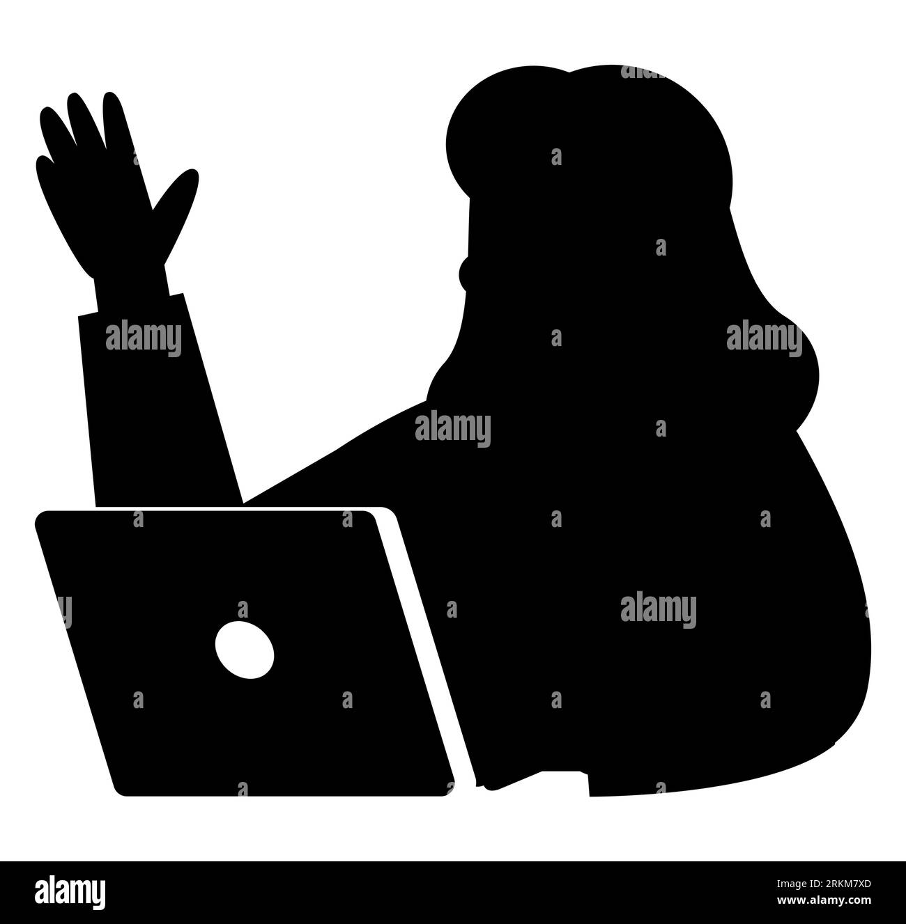Schwarze Silhouette einer Frau, die in Laptopaufgaben vertieft ist, Vektorillustration Stock Vektor