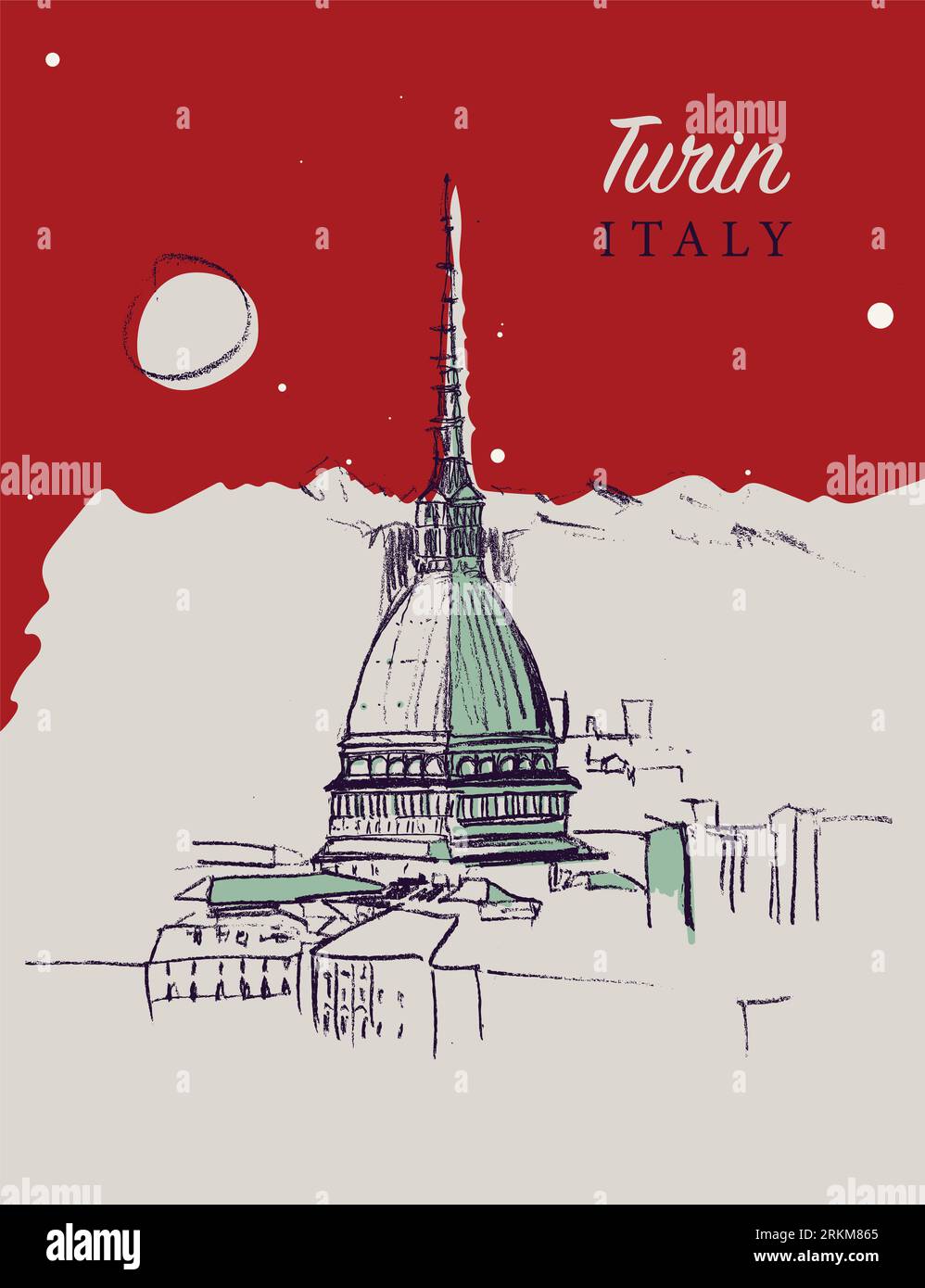 Handgezeichnete Vektor-Skizzenillustration der Stadt Turin im Piemont in Italien. Stockfoto
