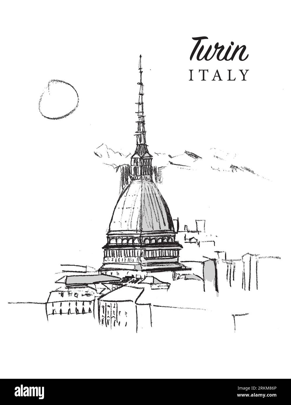 Handgezeichnete Vektor-Skizzenillustration der Stadt Turin im Piemont in Italien. Stockfoto