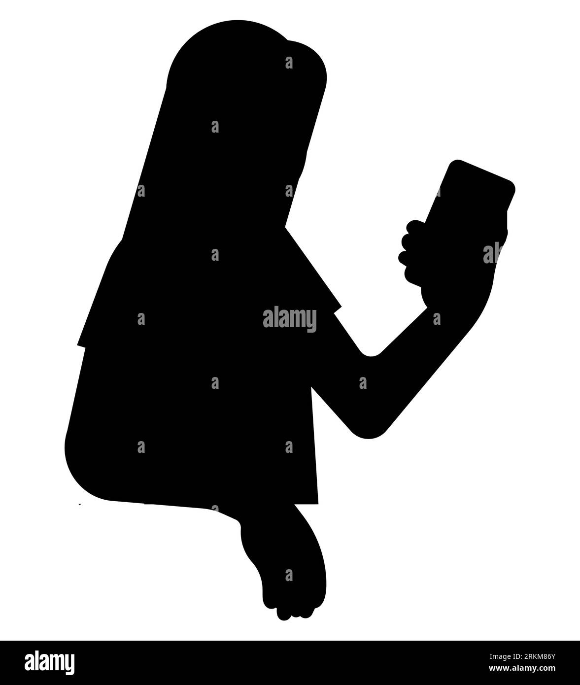 Schwarze Silhouette einer jungen Frau, die ein Smartphone anschaut und chattet, ein Mädchen, das auf einem Telefon schreibt. Weibliche Figur, Vektorillustration isoliert Stock Vektor