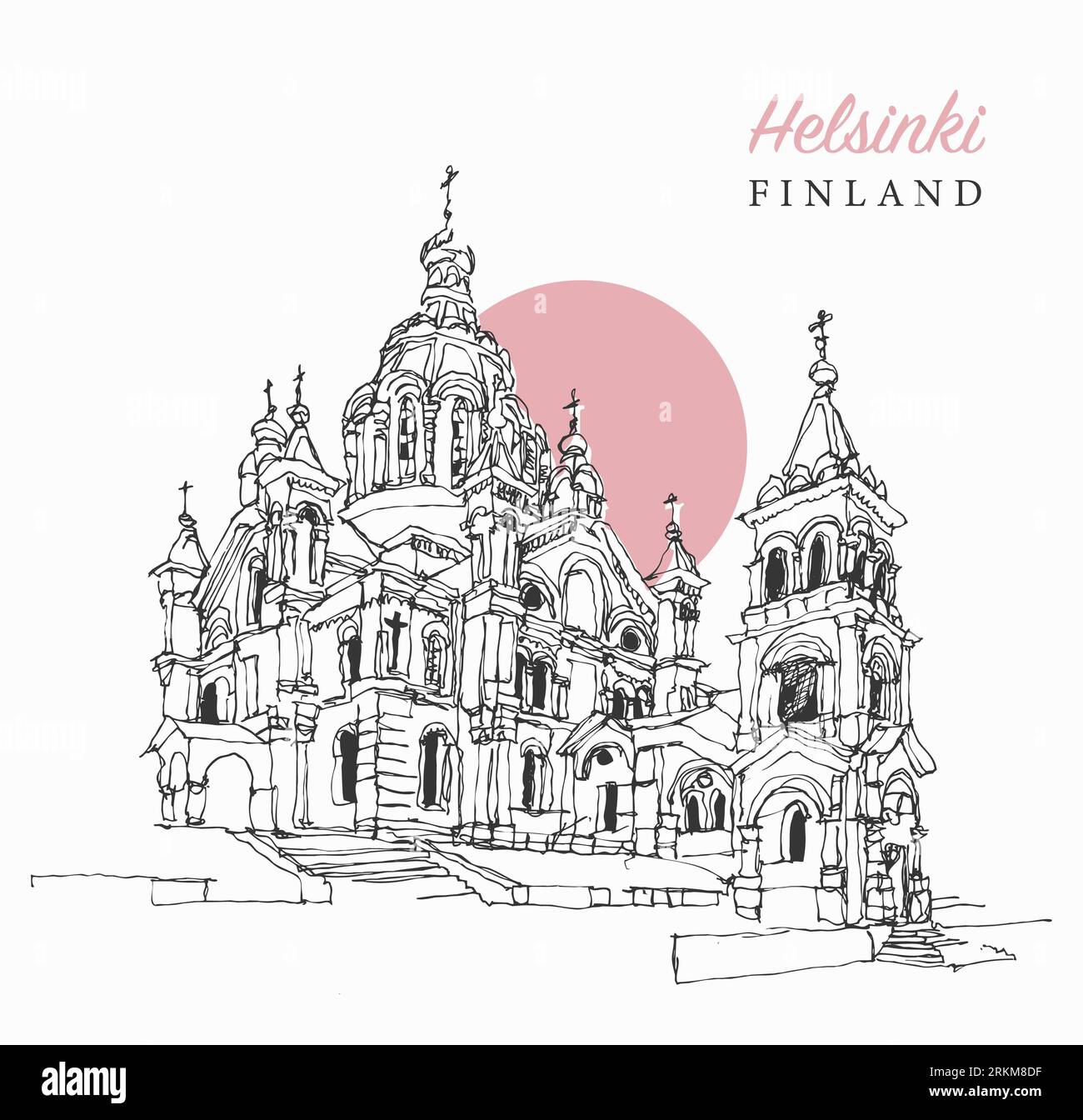 Vektor-handgezeichnete Skizzenillustration der Uspenski-Kathedrale in Helsinki, Finnland. Stockfoto