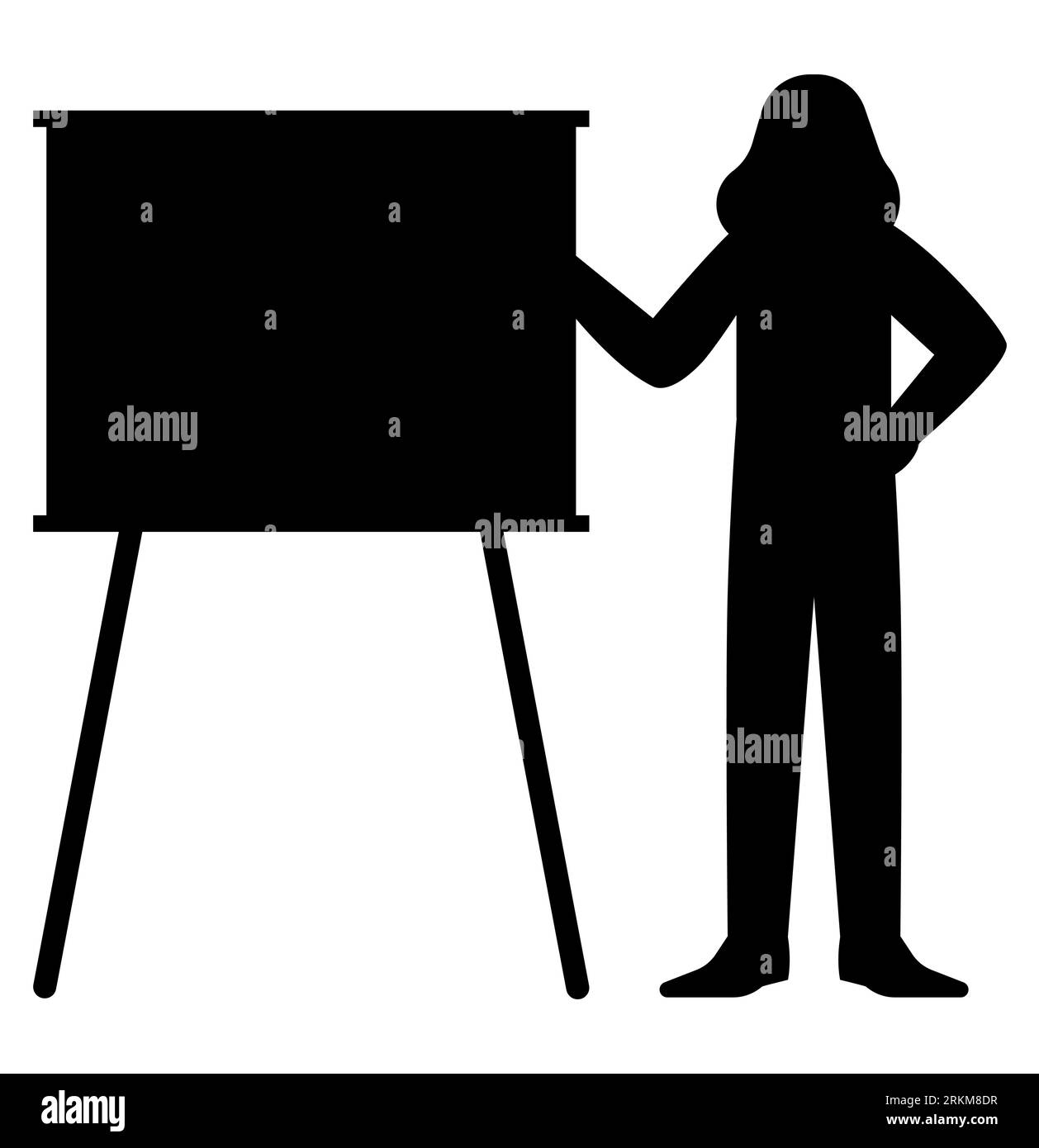 Schwarze Silhouette einer Firmenfrau, die eine Präsentation hält, eine unabhängige Frau präsentiert eine Folienpräsentation für ein Projekt, eine Lehrerin Stock Vektor
