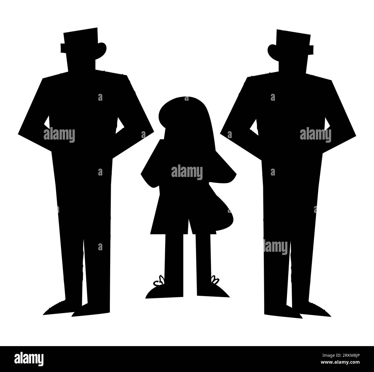 Schwarze Silhouette eines kleinen Mädchens, umgeben von Bodyguards, Sicherheitsleute, die ein Mädchen schützen, Vektorillustration isoliert auf weißem Hintergrund Stock Vektor