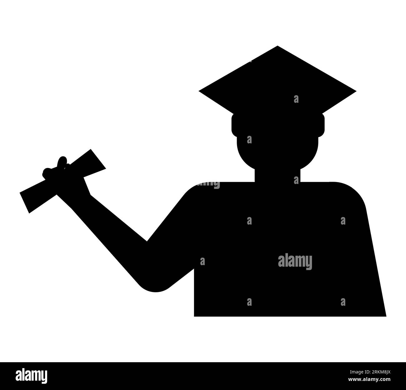 Schwarze Silhouette eines graduierten Mannes in einem Abschlusskleid mit Diplomen in den Händen, Vektor isoliert auf weißem Hintergrund Stock Vektor