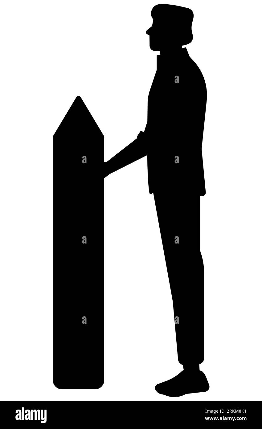 Schwarze Silhouette eines Mannes mit einem riesigen Bleistift in den Händen, einem Mann mit einem sehr großen Bleistift in den Händen, Vektor isoliert auf weißem Hintergrund Stock Vektor