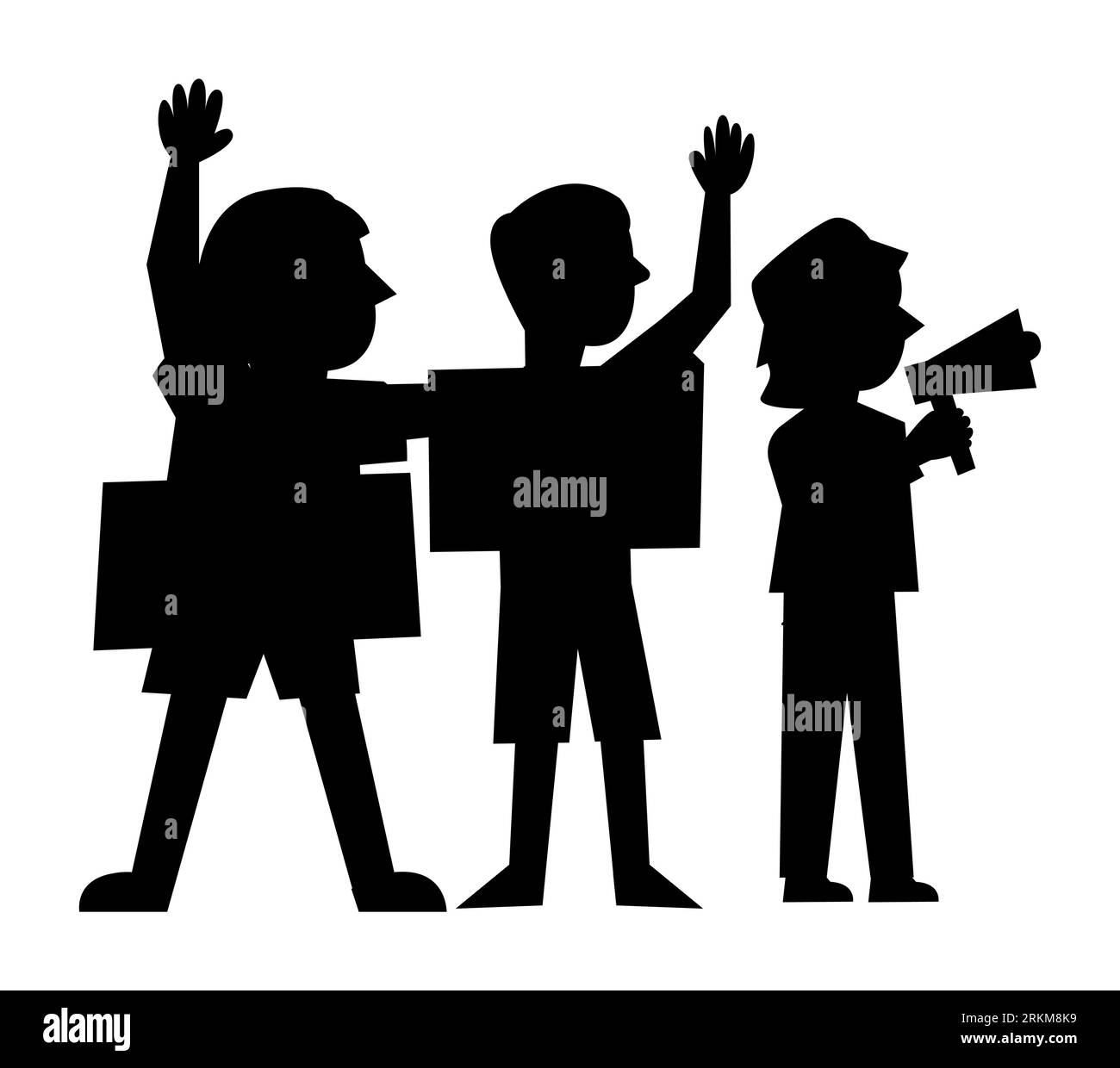 Schwarze Silhouette von Jugendprotestierenden mit Plakaten und Megatsprechern, Vektorillustration isoliert auf weißem Hintergrund, Zeichentrickfiguren Stock Vektor
