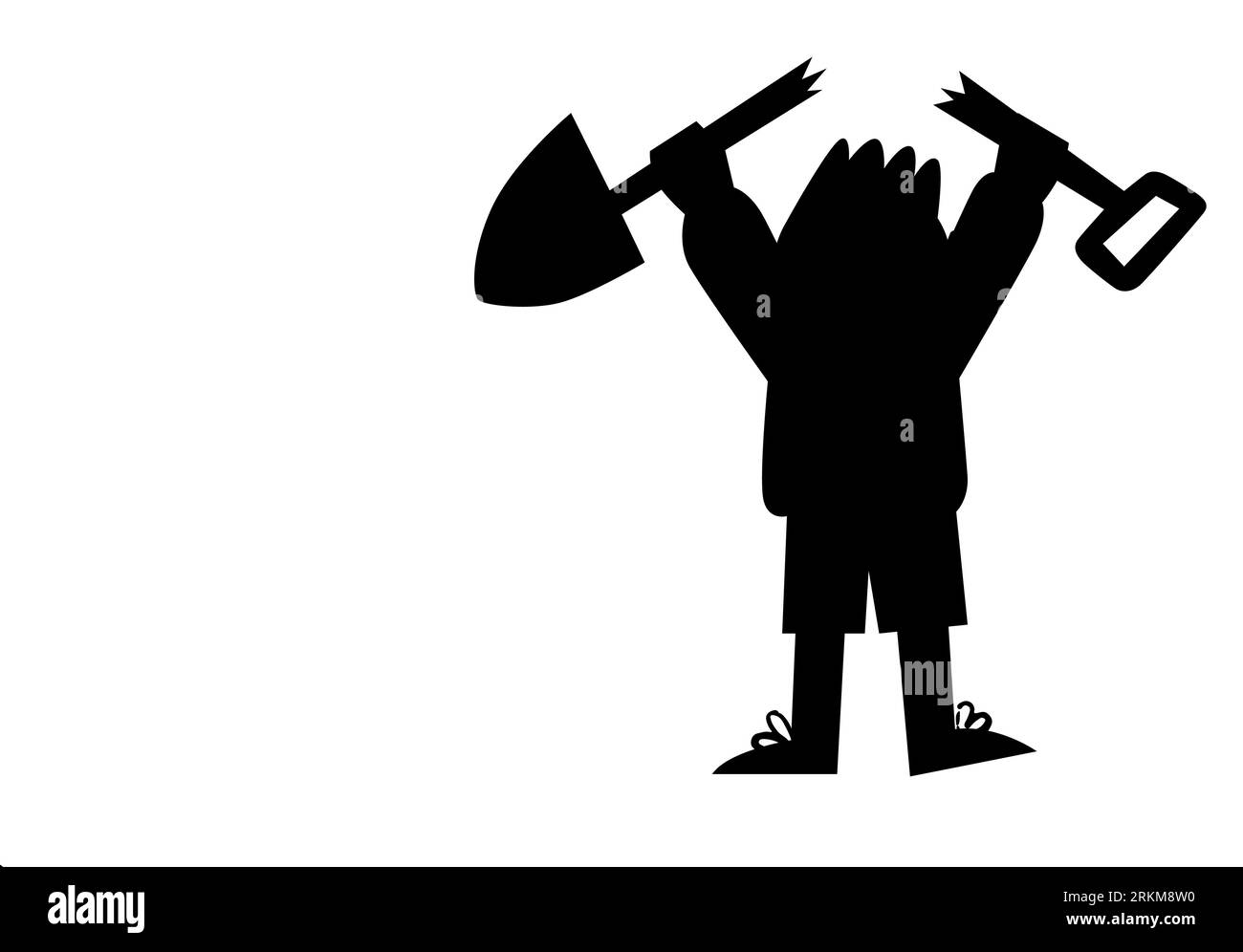 Schwarze Silhouette eines kleinen Zeichentrickkindes, das eine gebrochene Axt hält, ein spielendes Kind, ein Kind, das Fehler macht, Unfug-Vektor isoliert auf weißem Hintergrund Stock Vektor