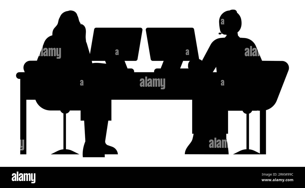 Schwarze Silhouette von zwei weiblichen Mitarbeitern, die in einem Unternehmen arbeiten, Mitarbeiter, die an Computern und Laptops arbeiten, Büroarbeit, Vektor isoliert auf weiß Stock Vektor