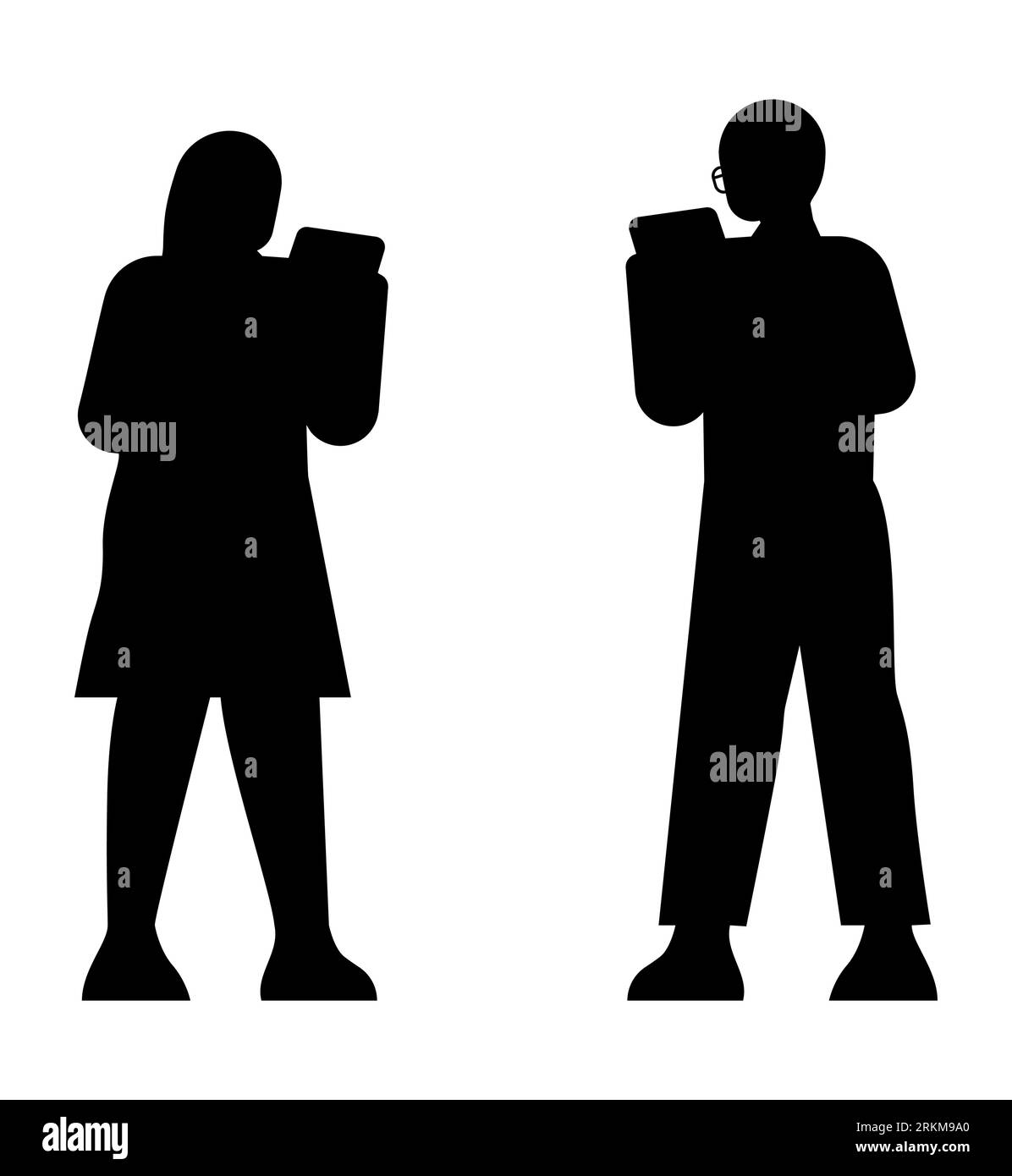 Schwarze Silhouette von Menschen, die sich mit Mobiltelefonen, Handysucht, Vektor isoliert auf weißem Hintergrund verwöhnen lassen Stock Vektor