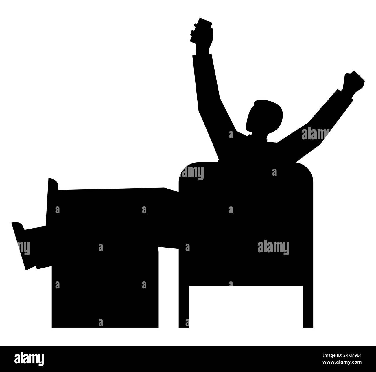 Schwarze Silhouette eines Mannes, der auf einem Stuhl sitzt, ein Mann, der im Fernsehen ein Match beobachtet, ein jubelnder Mann, der Fernsehen schaut, Vektorillustration isoliert auf weiß Stock Vektor