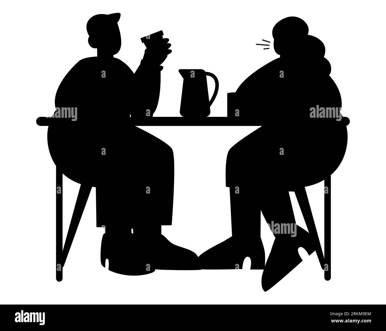 Schwarze Silhouette eines Geschwister-Gesprächs, Familiengespräch bei einem Mittagessen in einem Restaurant, Vektorillustration isoliert auf weißem Hintergrund Stock Vektor