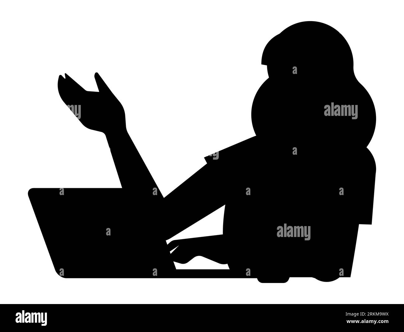 Schwarze Silhouette einer Frau, die in Laptopaufgaben vertieft ist, Vektorillustration isoliert auf weißem Hintergrund Stock Vektor