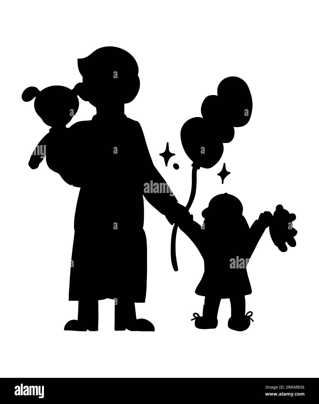Schwarze Silhouette einer Mutter mit ihren zwei Töchtern, Mutter mit Kindern, kleines Mädchen mit Ballons und Spielzeug, Vektor isoliert auf weißem Hintergrund Stock Vektor