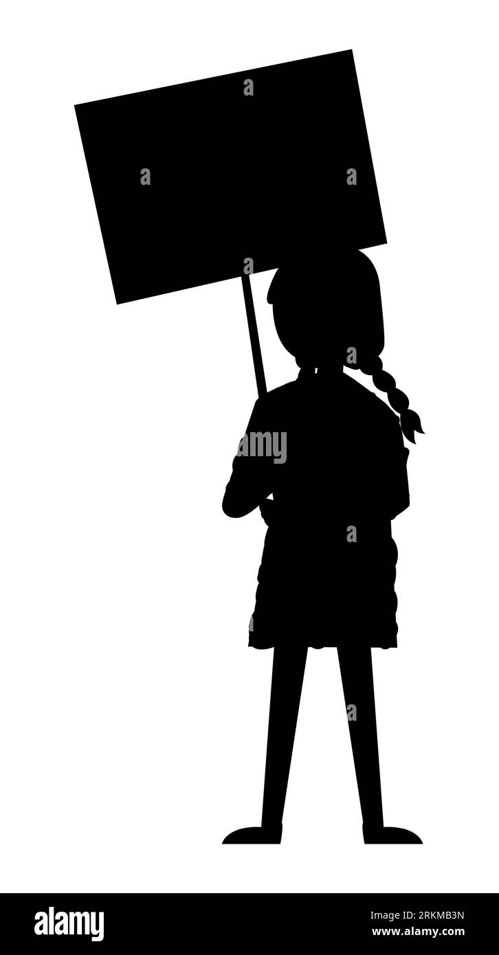 Schwarze Silhouette der sozialen Bewegung Rallye: Eine Frau mit Plakaten und Plakaten, Vektorillustration isoliert auf weißem Hintergrund, Zeichentrickfiguren Stock Vektor