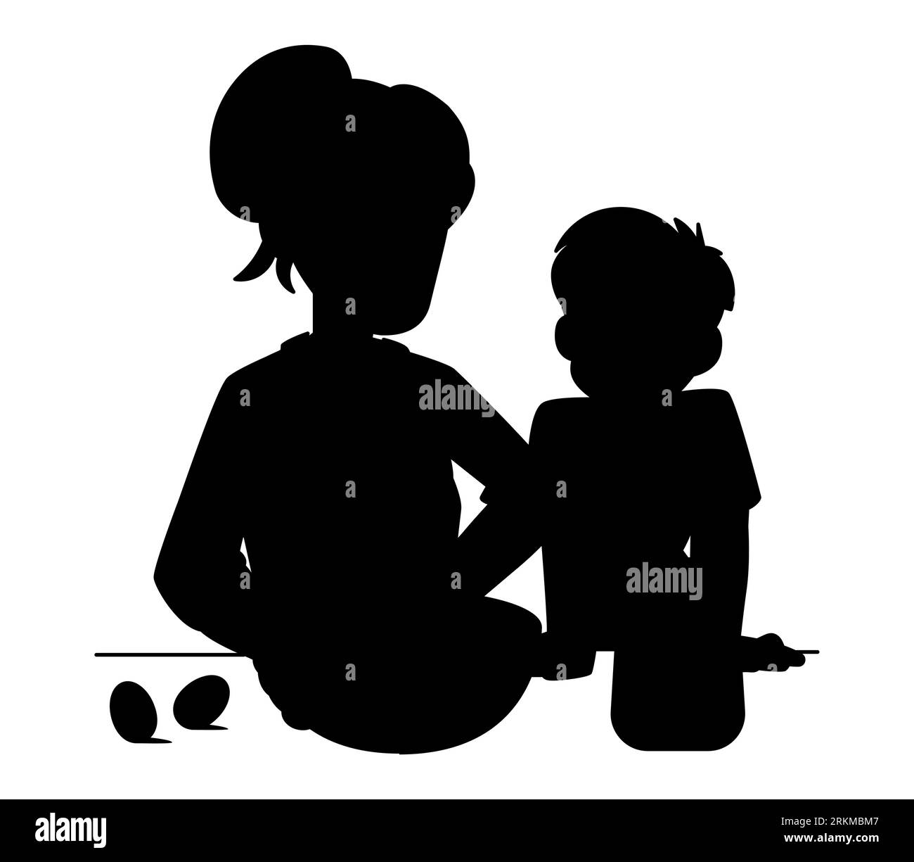 Schwarze Silhouette eines Jungen, der seiner Mutter in der Küche hilft, Familienzeit, Mutter und Sohn lieben, Vektorillustration isoliert auf weißem Hintergrund Stock Vektor