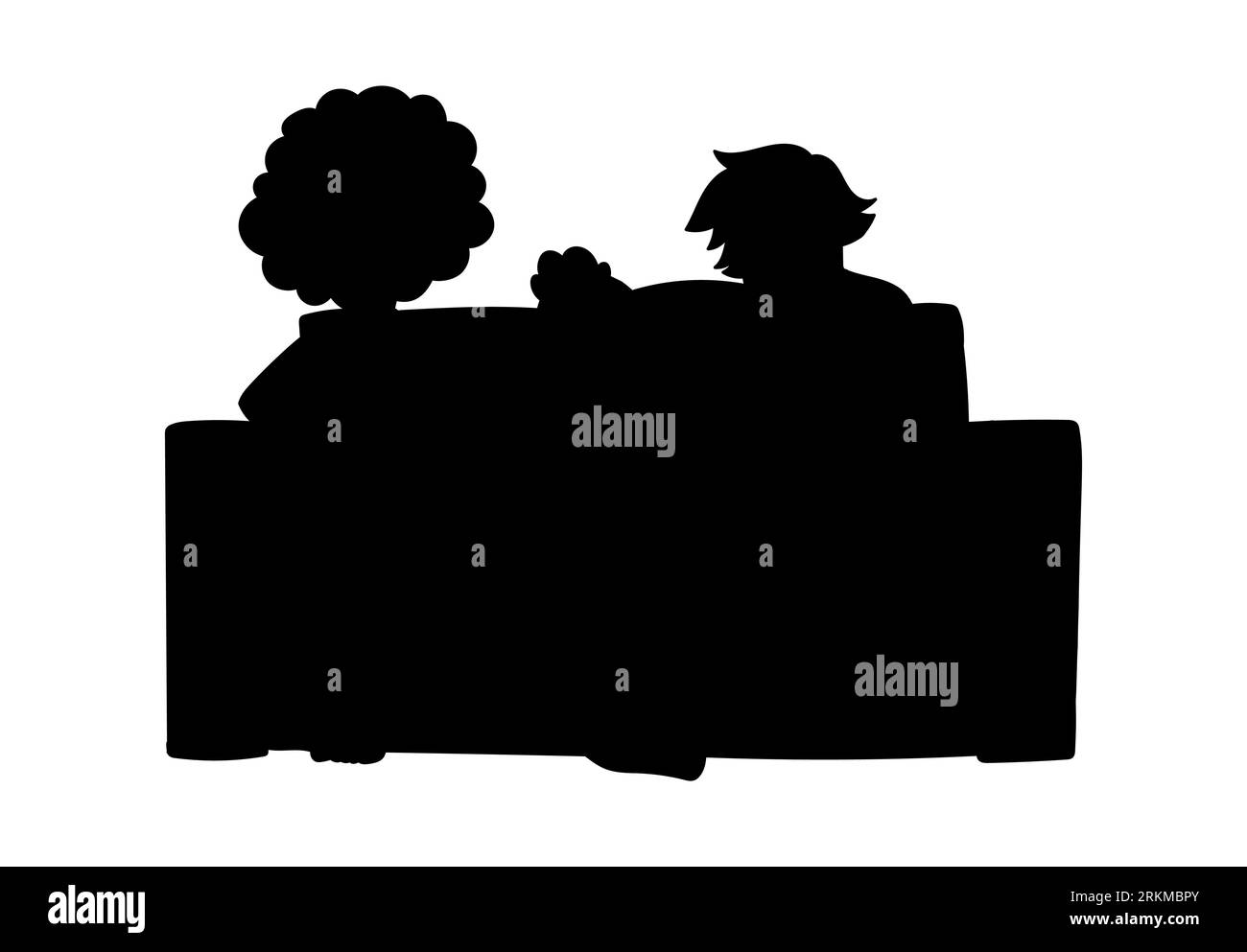 Schwarze Silhouette einer Familie, die auf einer Couch fernsieht, Familienzeit, Vektor isoliert auf weißem Hintergrund Stock Vektor