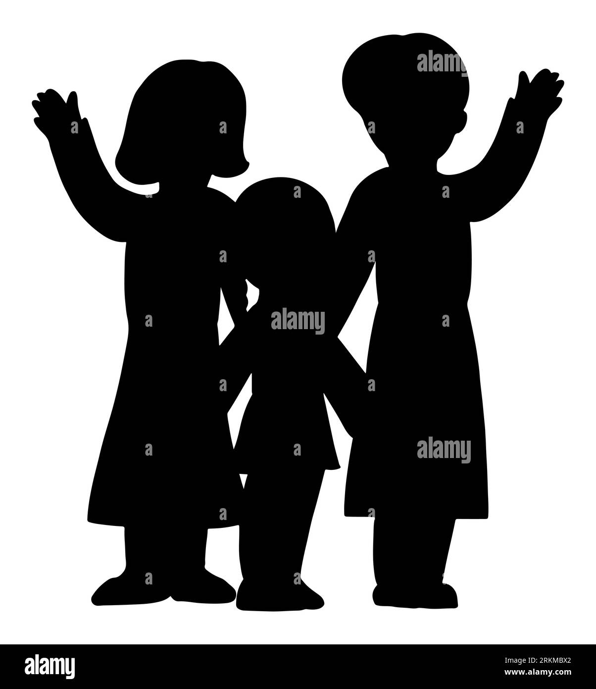 Schwarze Silhouette einer Familie, die miteinander winkt, Mutter, Vater und Tochter, die miteinander stehen, Mutter und Vater mit ihrem kleinen Mädchen, Vektor der Eltern Stock Vektor