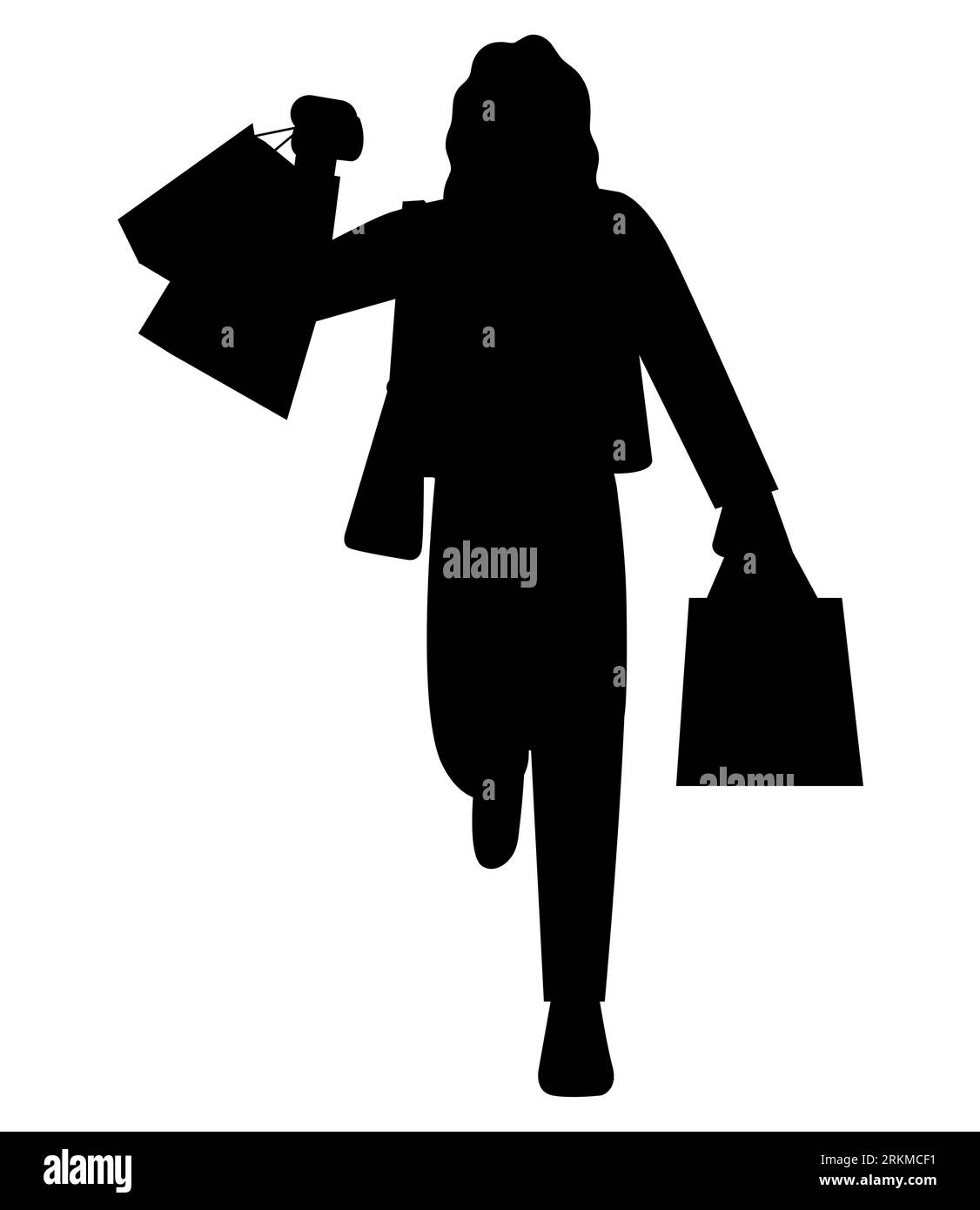 Schwarze Silhouette einer jungen Frau mit Einkaufstaschen in den Händen, einer Käuferin beim Einkaufen, Konsumkonzept, Vektor isoliert auf weißem Rücken Stock Vektor