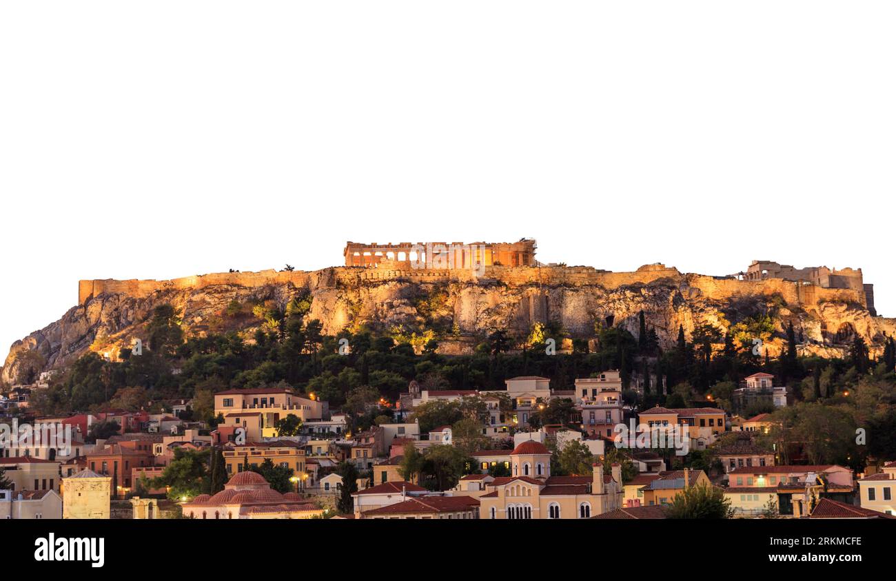 Athen, Griechenland. Akropolis-Felsen und Monastiraki-Platz isoliert auf weißem Hintergrund Stockfoto