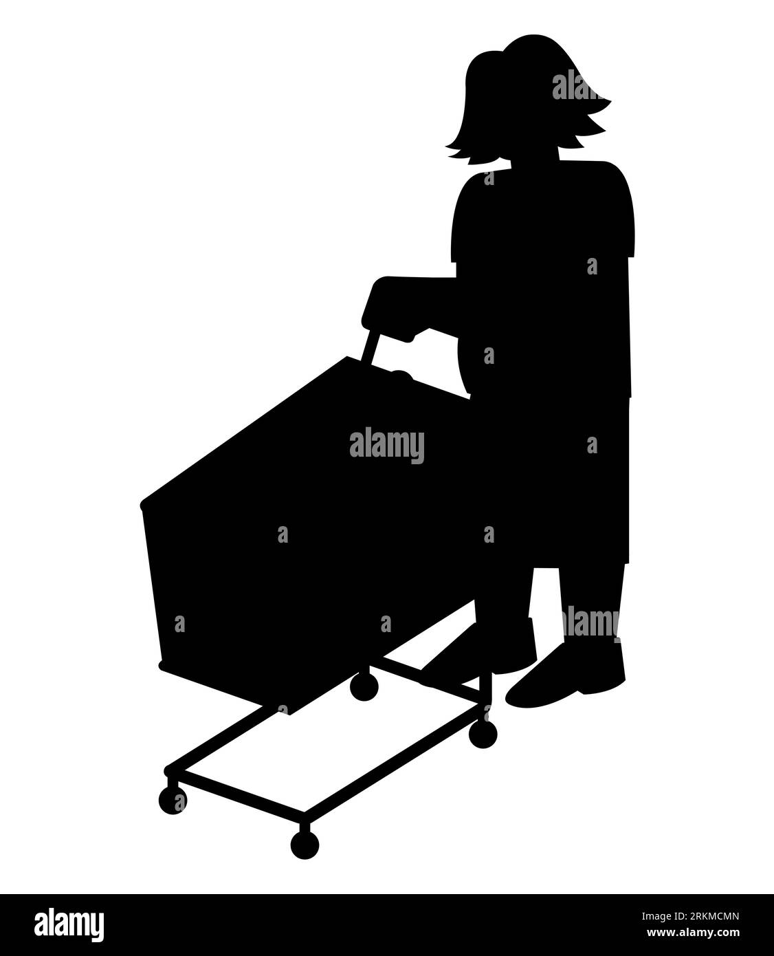 Schwarze Silhouette einer Frau, die mit einem Einkaufswagen shopft. Flache Vektorillustration von Kunden, die Dinge kaufen. Konsumentenkonzept für Banner, Stock Vektor
